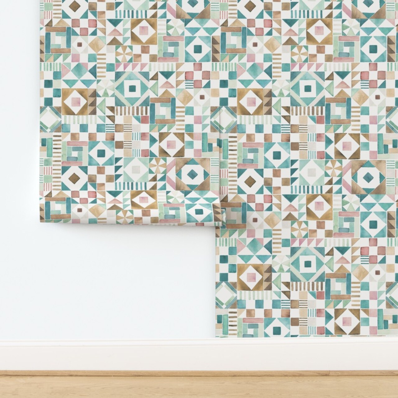 Watercolor Geometric Faux Tile Art Deco Square Checkered Patchwork Colorful Folk Cheater Quilt Traditional Classic Custom Removable Wallpaper by Spoonflower Peel & Stick Wallpaper 2FT Wide